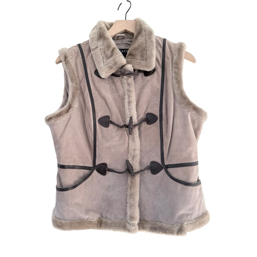 Bernardo Genuine Leather & Faux Shearling Toggle Vest Taupe Brown Trim Size M